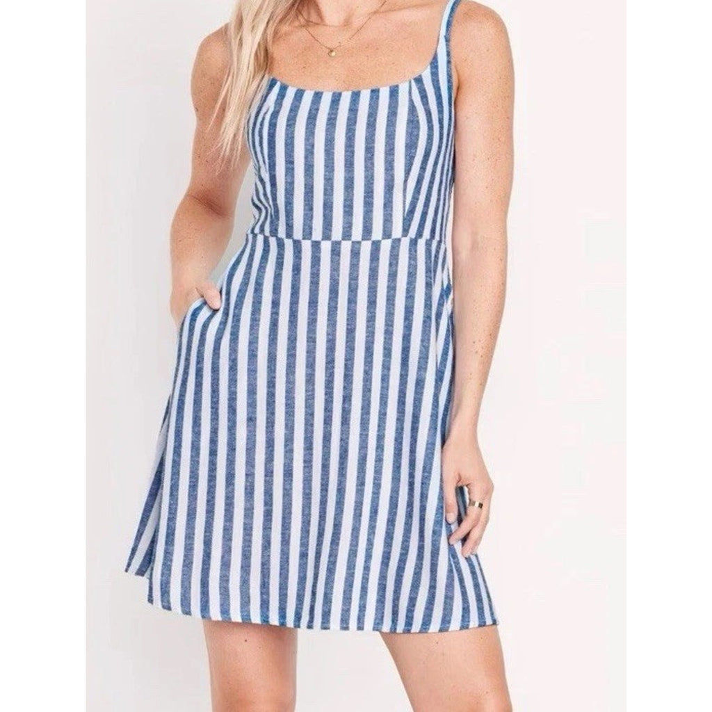 Old Navy Fit & Flare Chambray Blue White Vertical Striped Linen Blend Dress XS