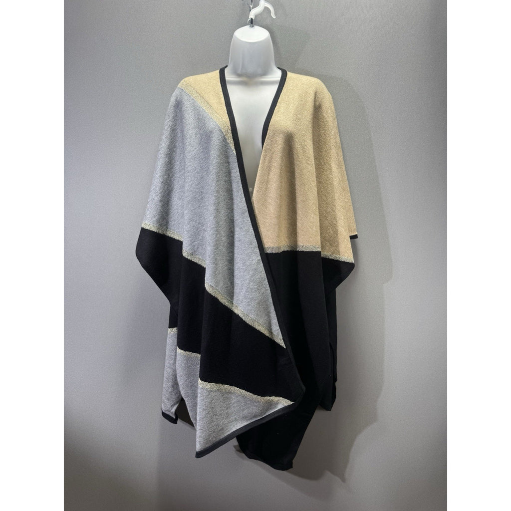Chico’s Colorblock Lurex Ruana L/XL NWT Gold Gray Black Metallic Poncho Wrap