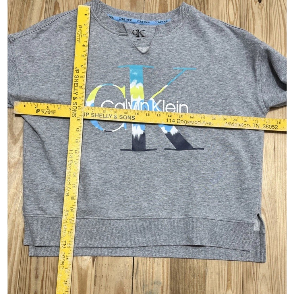 Calvin Klein Womens Heathered Gray Cropped Sweatshirt Size Medium Logo Pullover