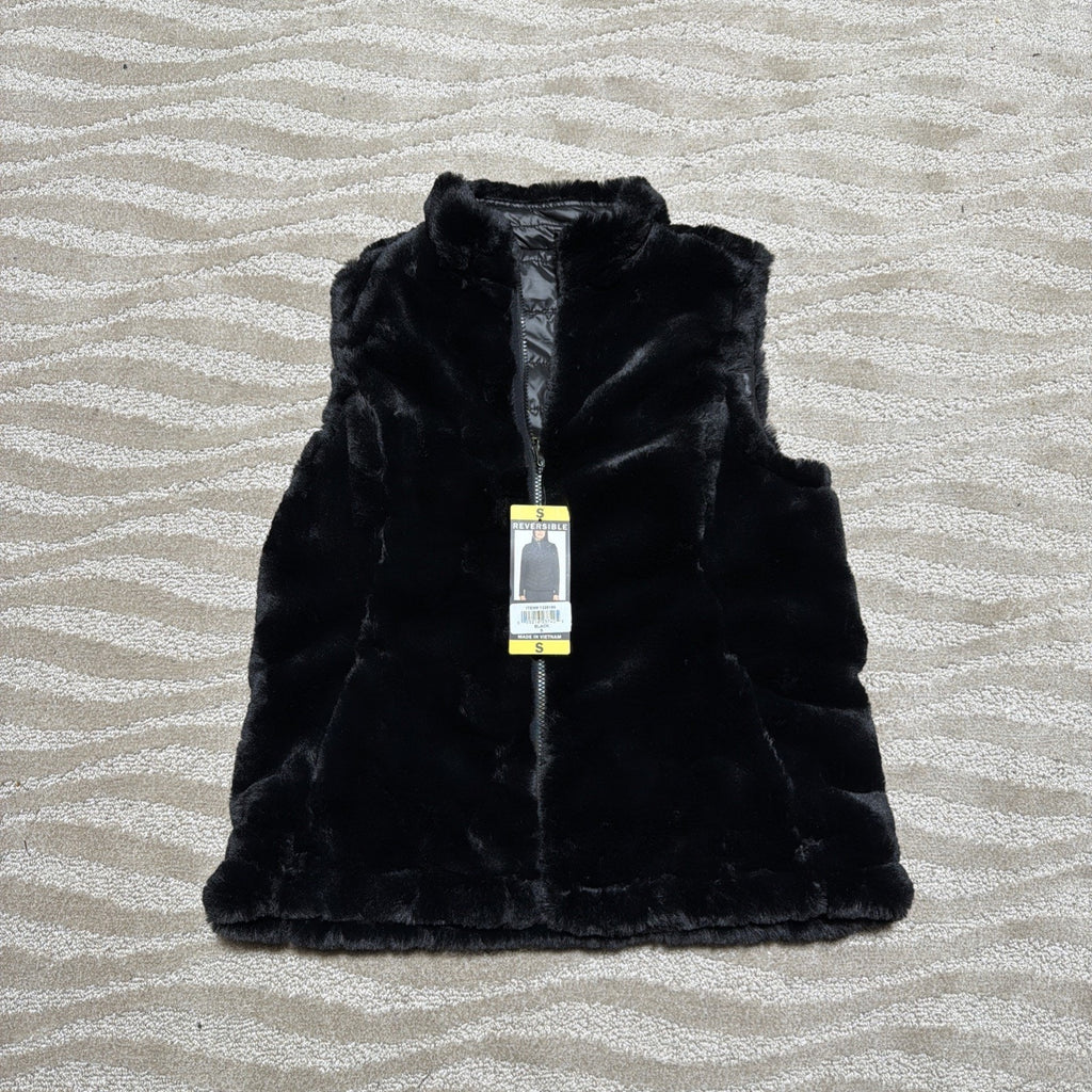 Nicole Miller Reversible Faux Fur Quilted Puffer Vest Black Women’s S NWT