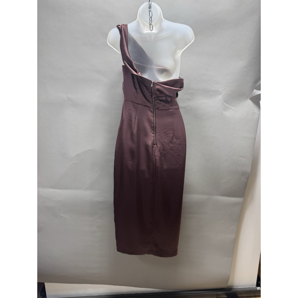 ASTR The Label One Shoulder Satin Midi Dress Mauve Plum Side Slit Cocktail M
