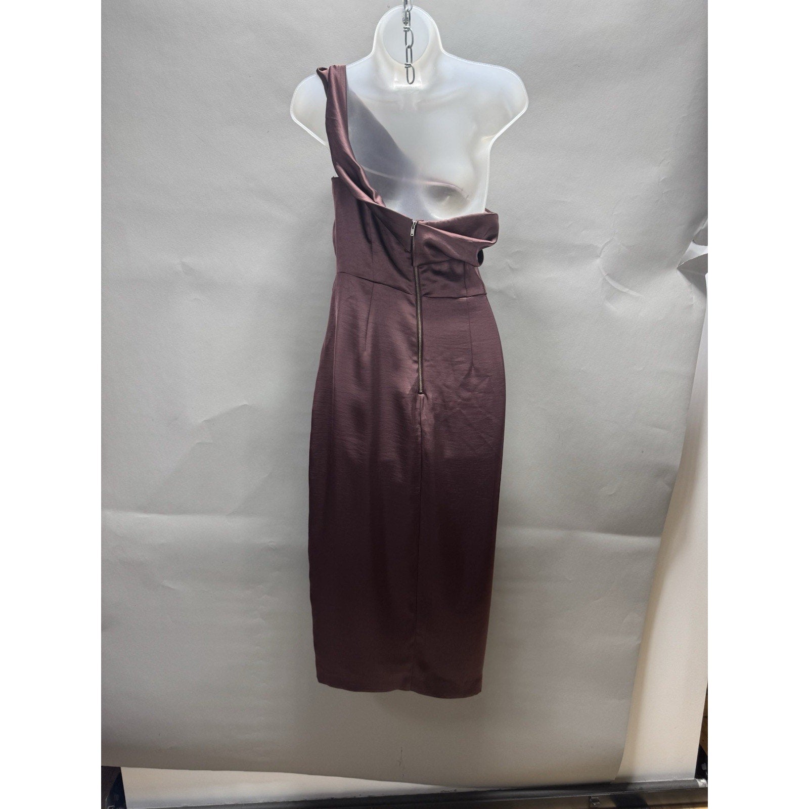 ASTR The Label One Shoulder Satin Midi Dress Mauve Plum Side Slit Cocktail M