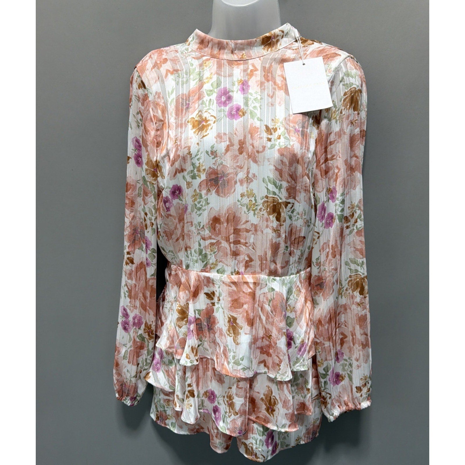 Endless Rose Watercolor Floral Long-Sleeve Chiffon Open Back Romper -S NWT