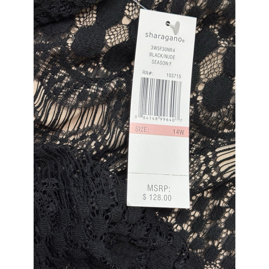 Sharagano Lace Crochet Black Dress Nude Lining Women’s Size 14W NWT