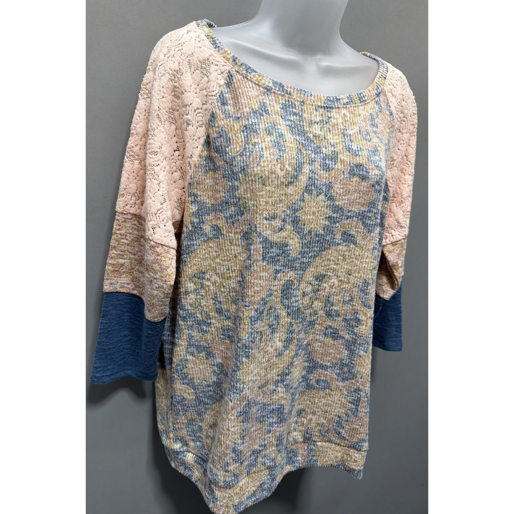 New Cato Women’s 3/4 Sleeve Lace Detail Paisley Style Blouse - L