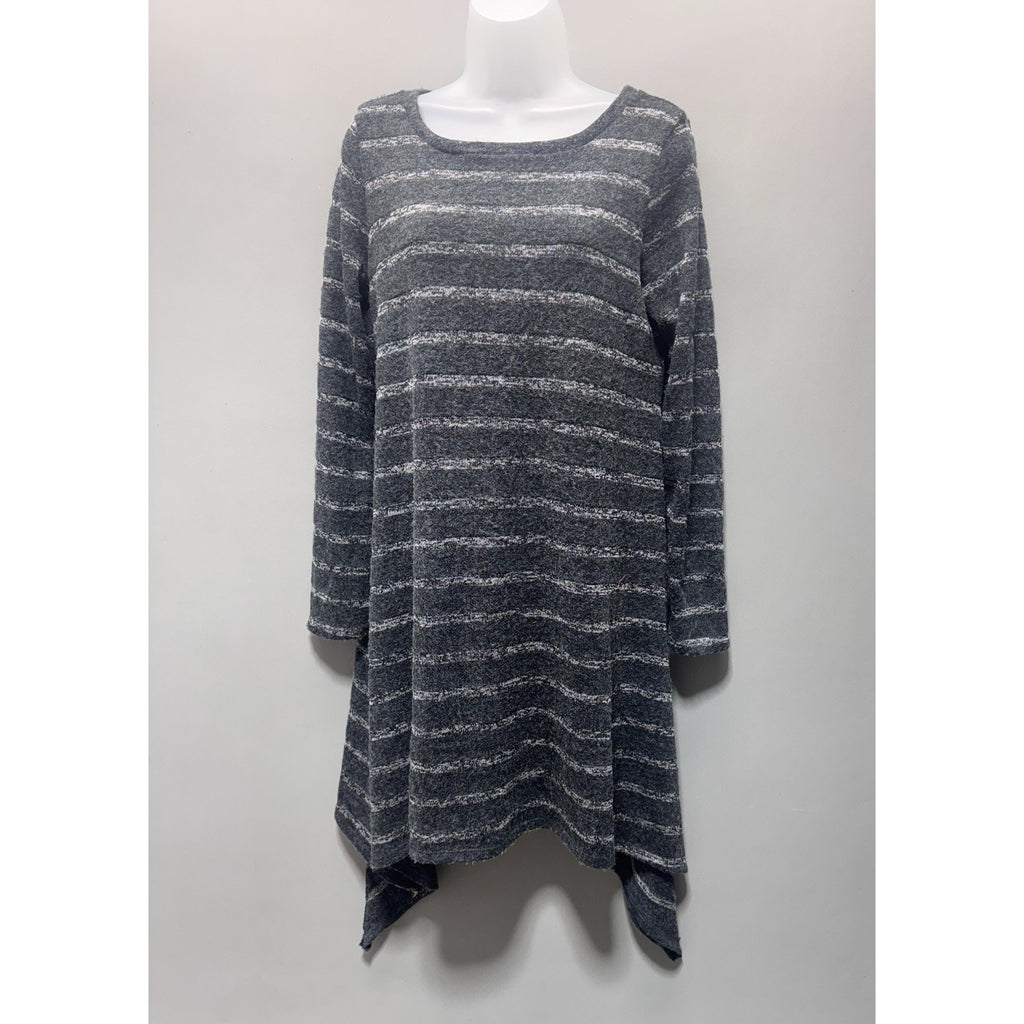 Dina Be Gray Striped Sharkbite Hem Tunic Sweater Dress Women’s Large Long Sleeve