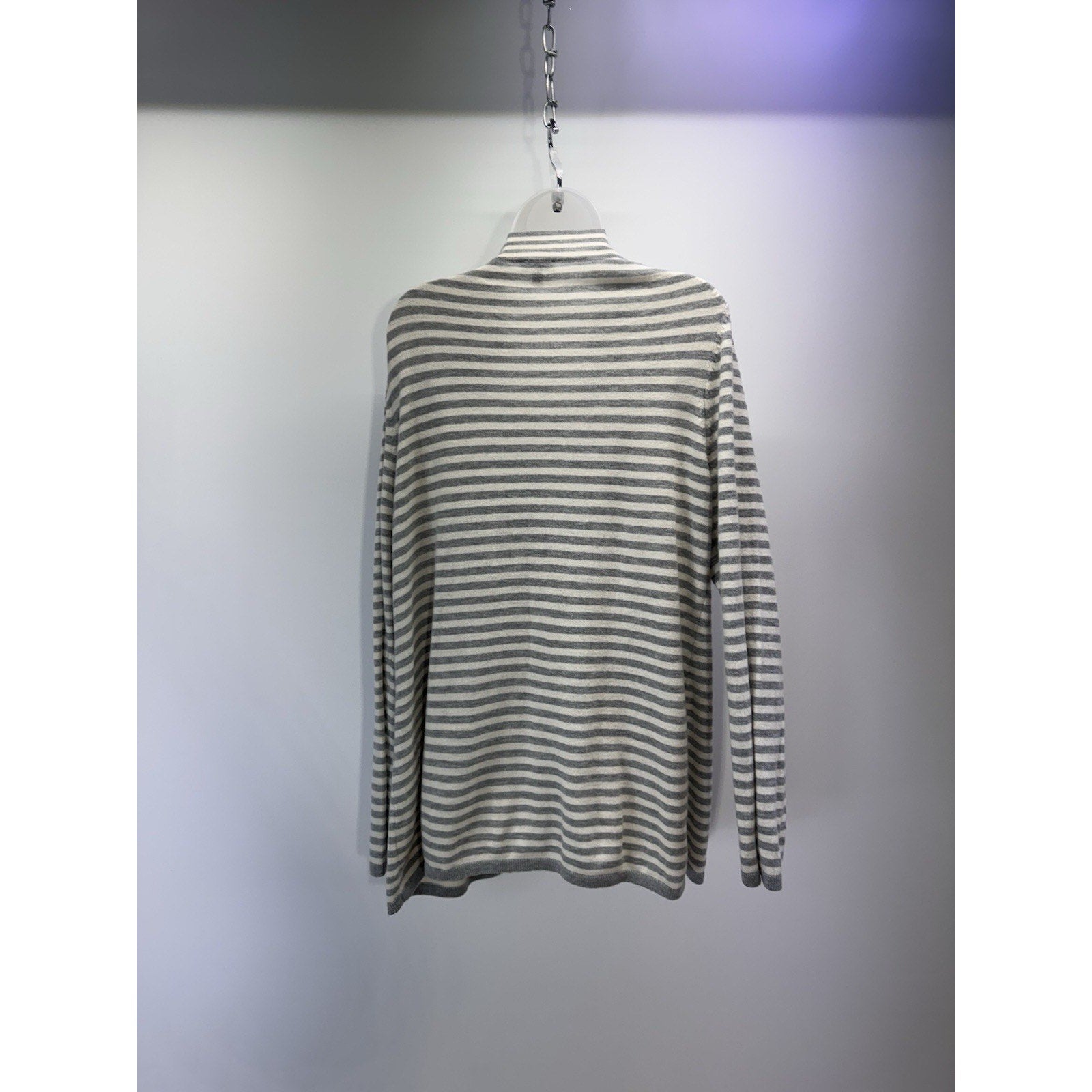 Talbots Open Front Cardigan Lambs Wool Blend Thin Knit White Gray Striped XL