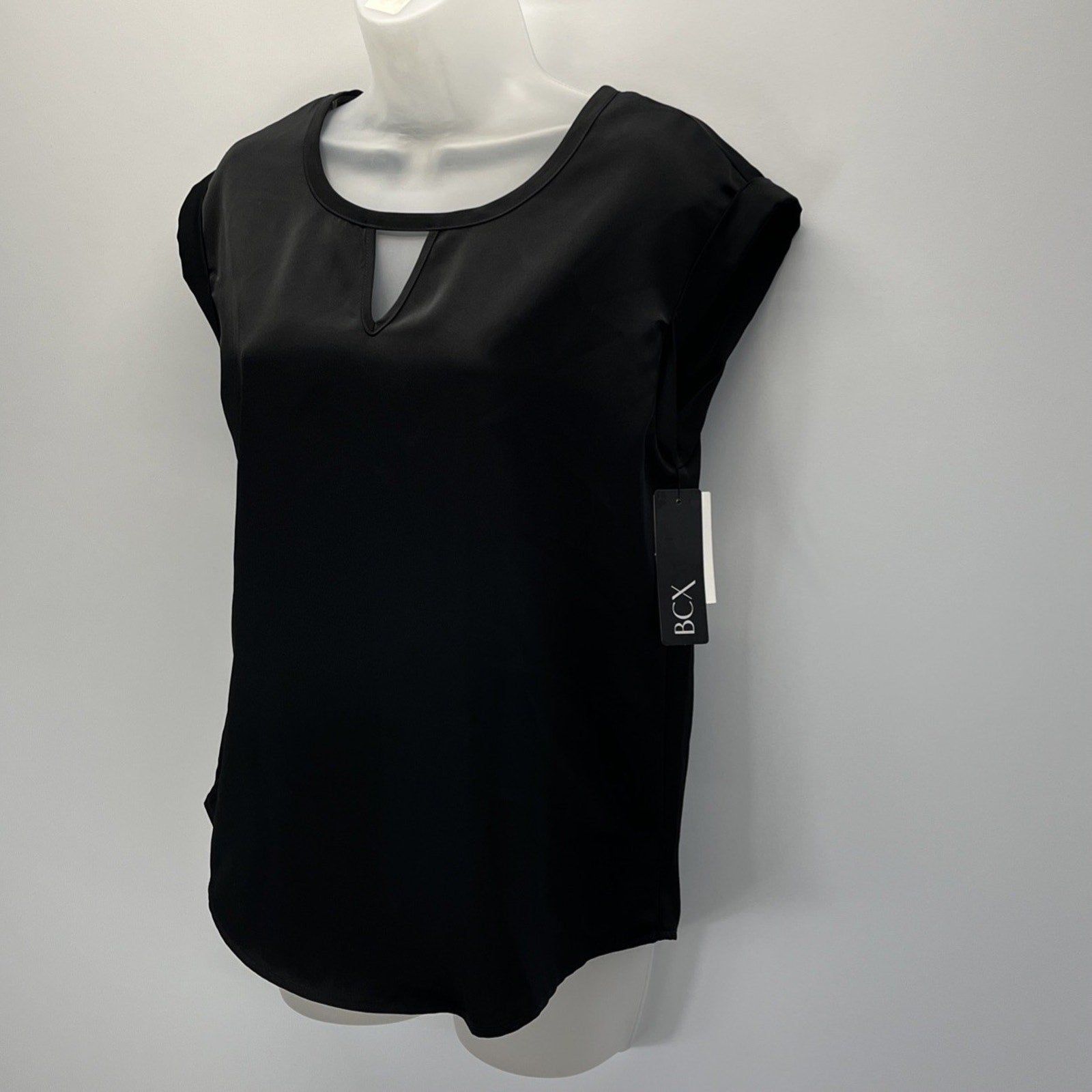 NWT BCX Women's Black Satin Triangle Cutout Blouse Top Size S