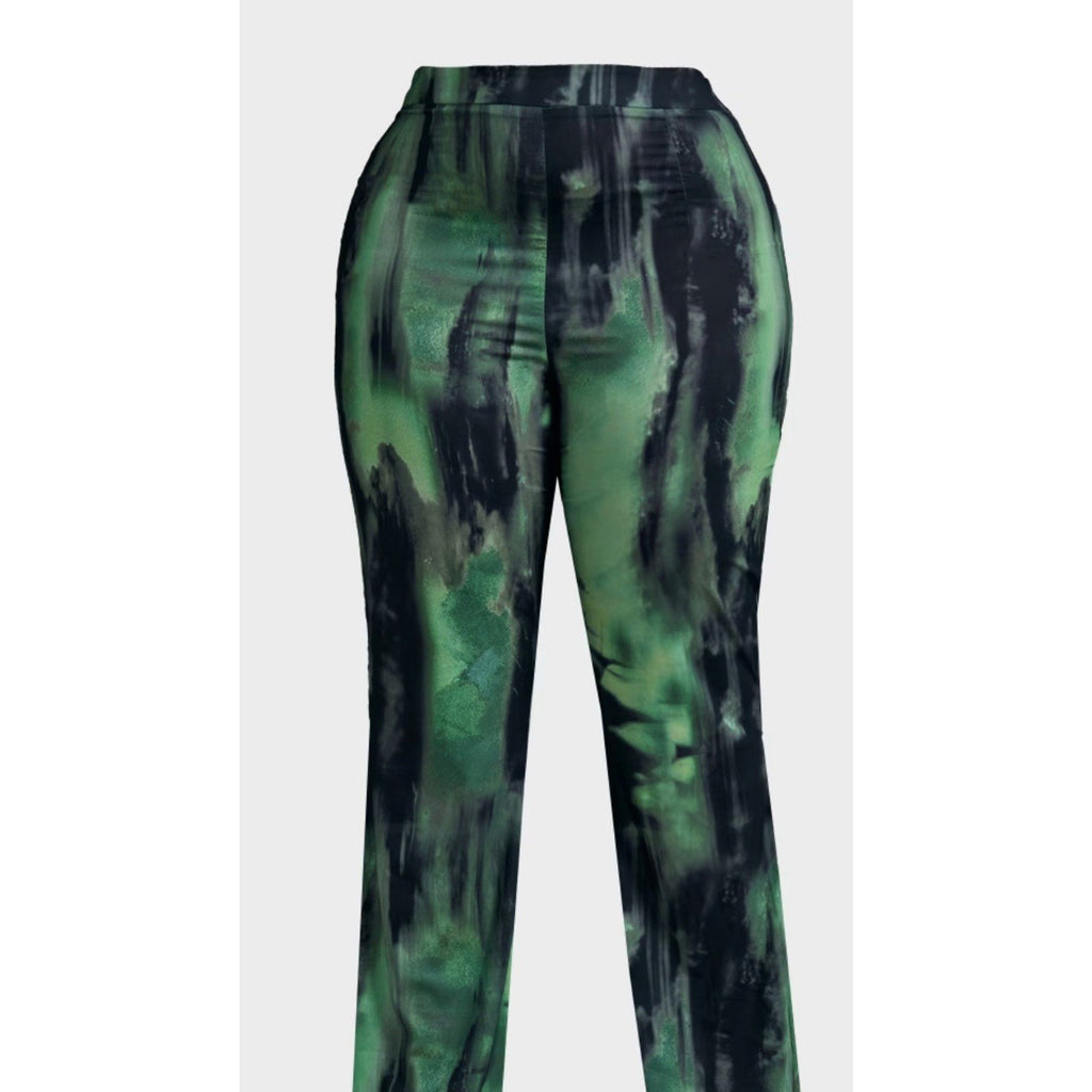 PRETTY LITTLE THING Plus Green Grunge Print Chiffon Flare Pants SIZE 12