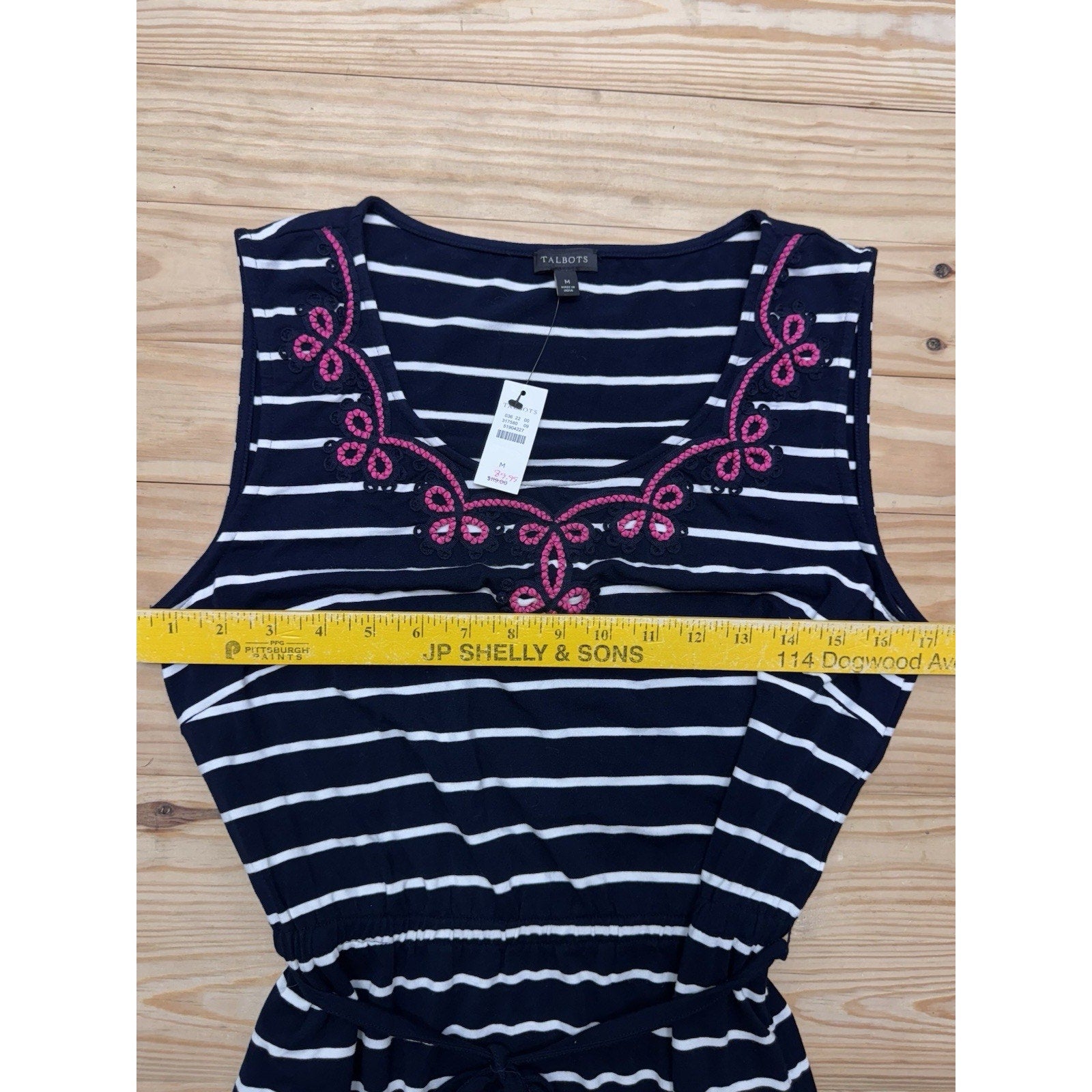 Talbots Maxi Dress Embroidered Navy White Striped Pink Tassel Belt Size M NWT