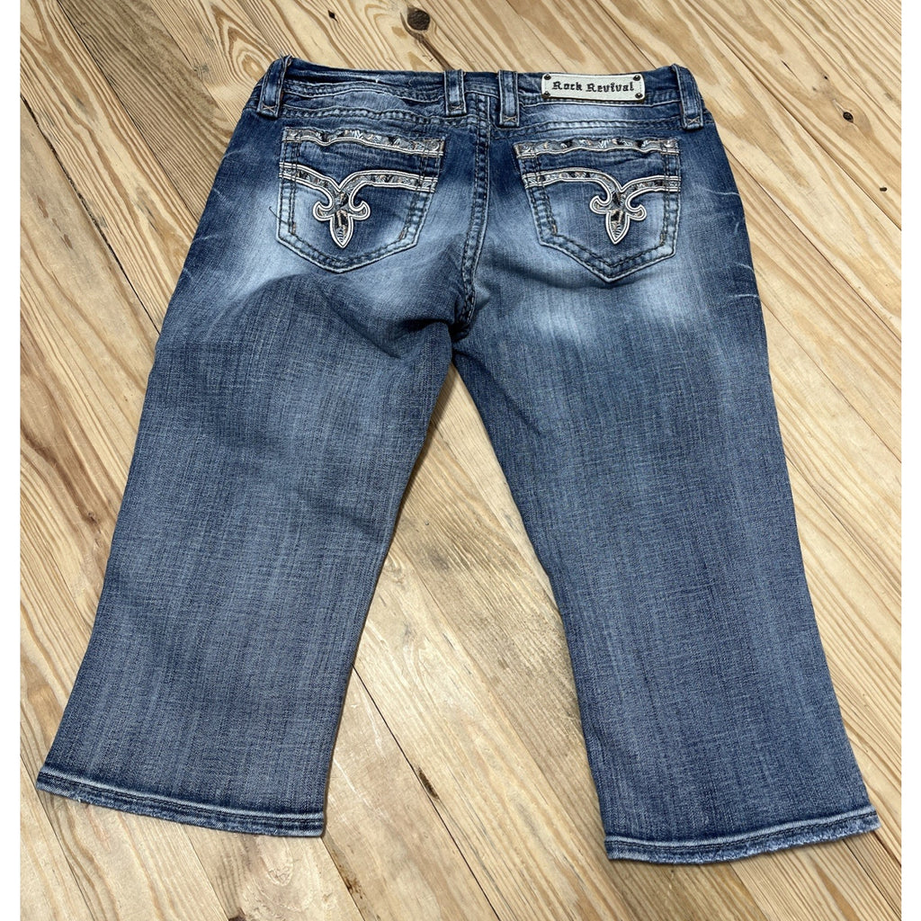 Rock Revival Jeans Women 31 Blue Sherry Easy Crop Embroidered Back Flap Jeweled