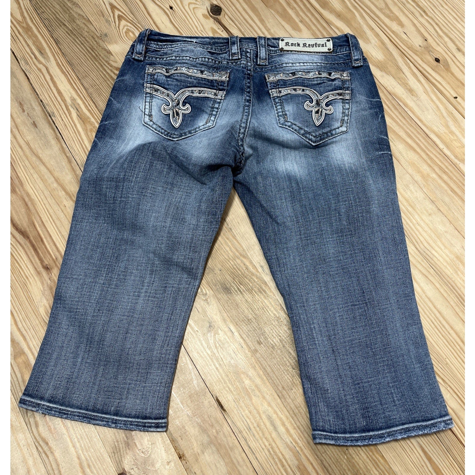 Rock Revival Jeans Women 31 Blue Sherry Easy Crop Embroidered Back Flap Jeweled