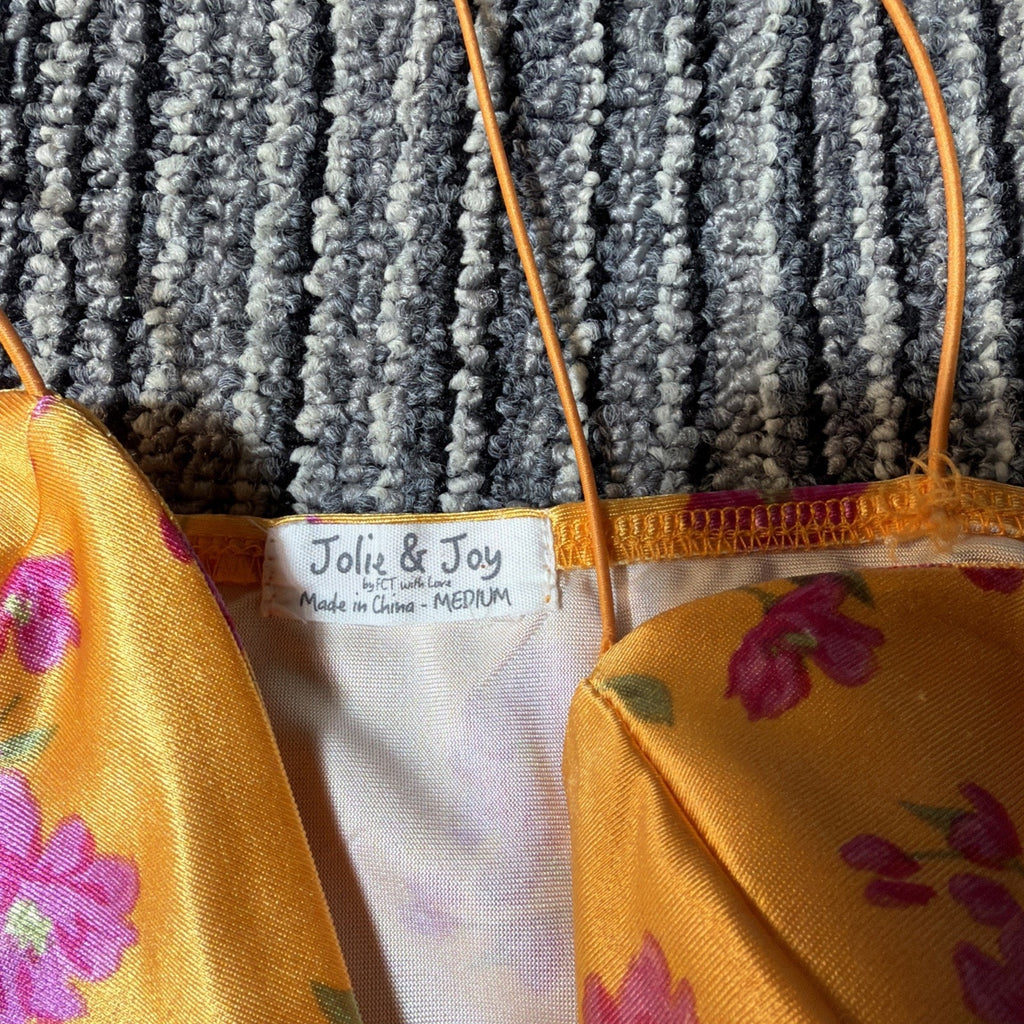 JOLIE & JOY Floral Satin Mini Dress Size M Marigold Yellow Ditsy Slip Dress Slit
