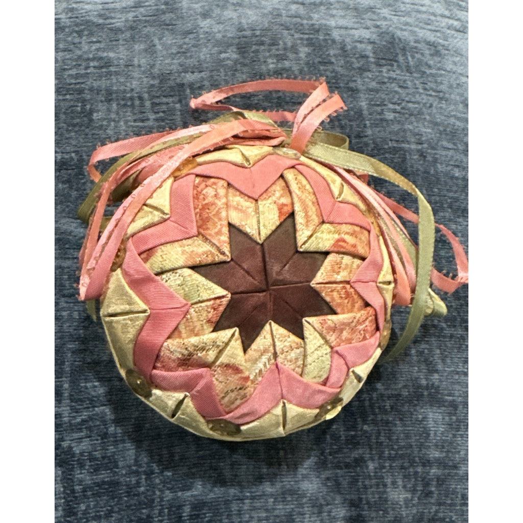 Vintage QUILTED FABRIC CHRISTMAS BALL ORNAMENT Rose And Ivory