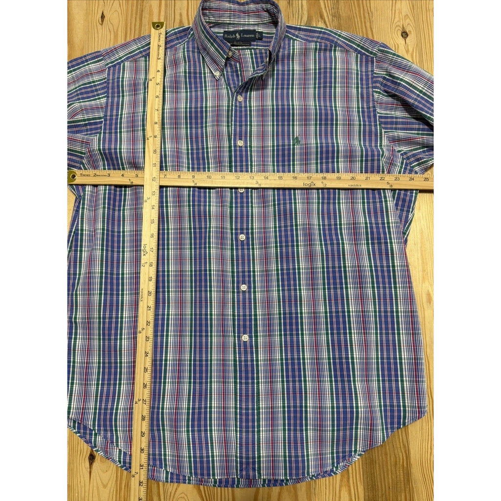 Vintage Ralph Lauren Blake Shirt Mens Large Blue Green Plaid Two-Ply Cotton EUC
