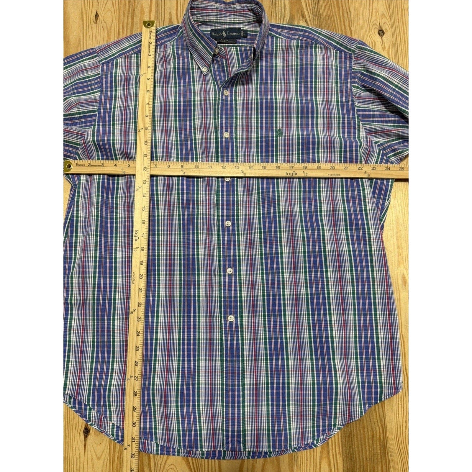 Vintage Ralph Lauren Blake Shirt Mens Large Blue Green Plaid Two-Ply Cotton EUC