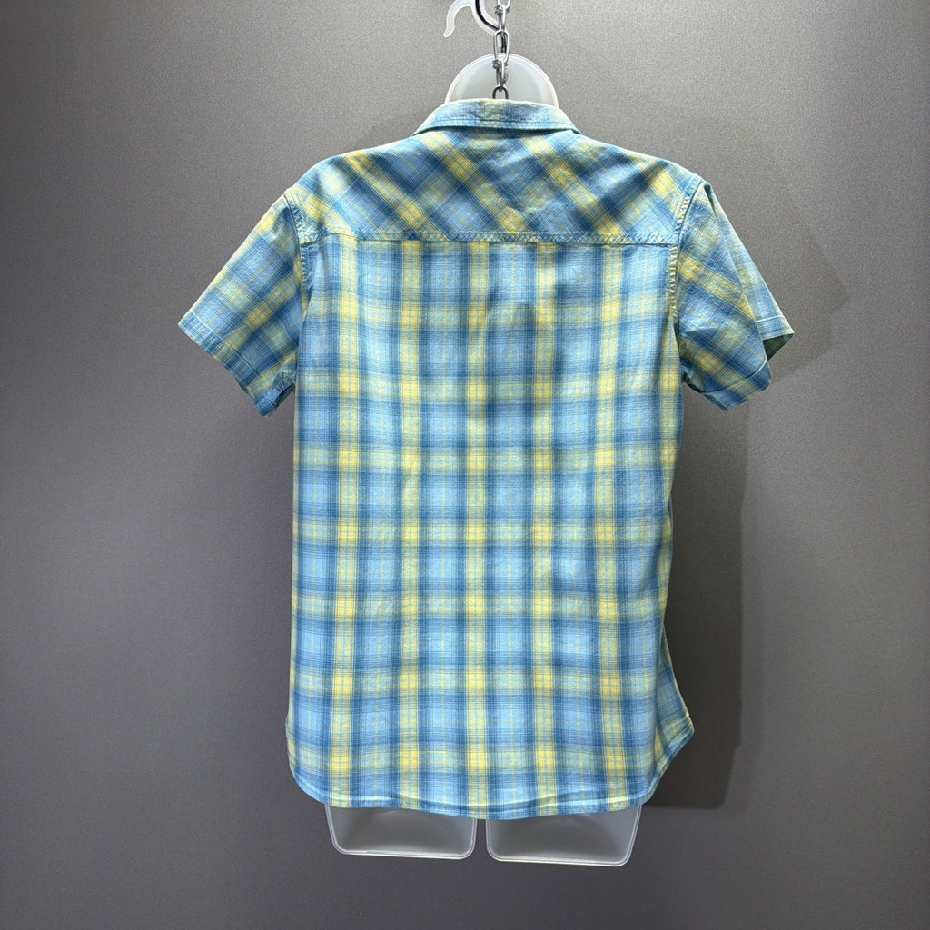Cabela’s Women L Blue Yellow Plaid Button Down Shirt Short Sleeve Stretch Cotton