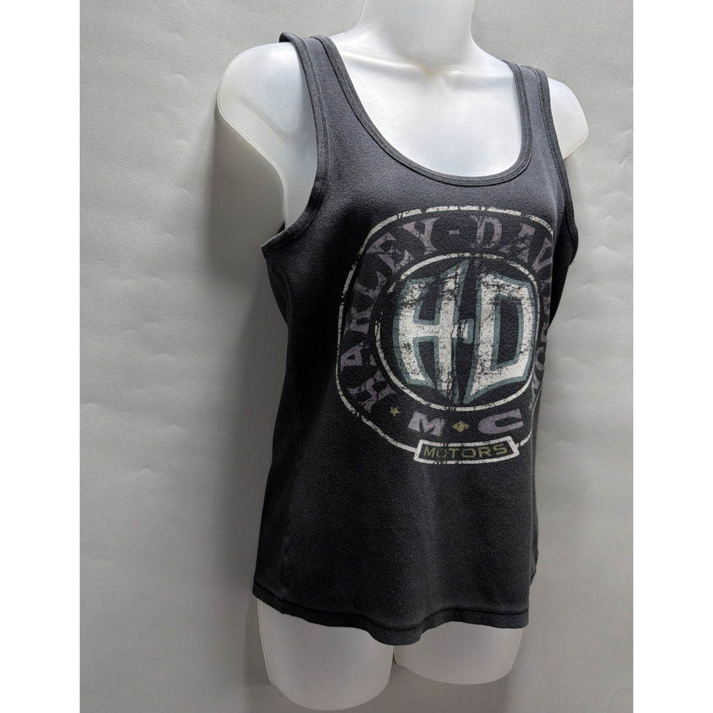 Harley Davidson Womens Black Ribbed Tank Top Distressed Faded Size Medium