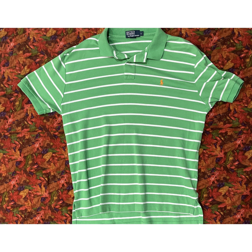 Polo Golf Ralph Lauren Shirt Men's Size L Green White Stripe Preppy Gold Pony