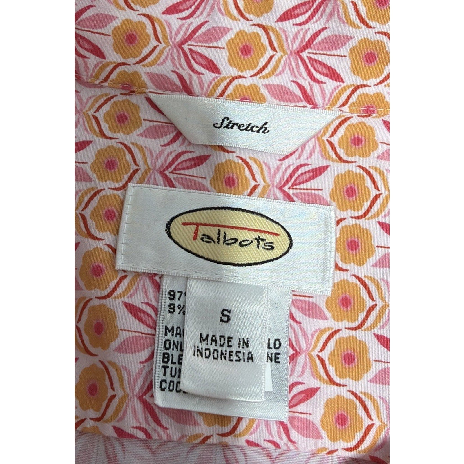 Talbots Coral Print Shirt Size S Pink White Button Up Long Sleeve Beach Floral