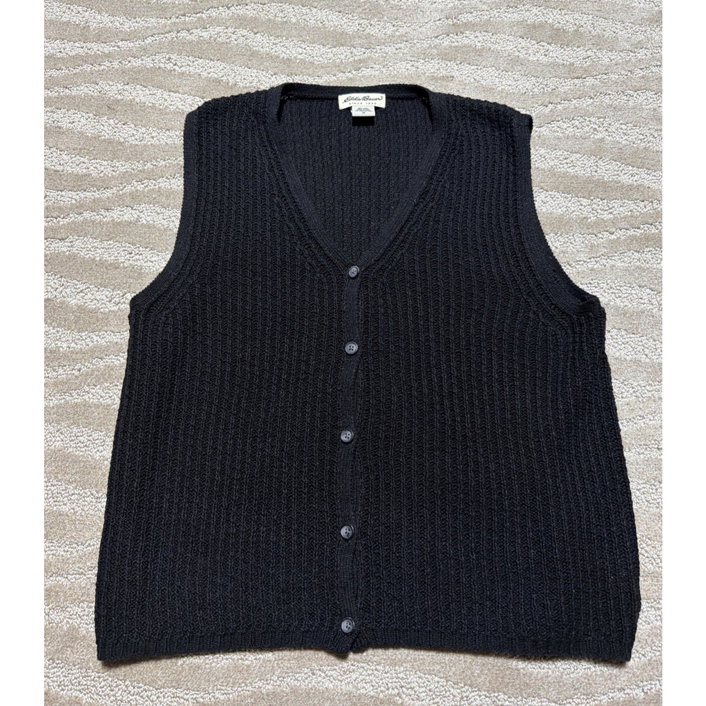 Vintage Eddie Bauer Sweater Women's Medium Black Linen Blend Knit Cardigan Vest