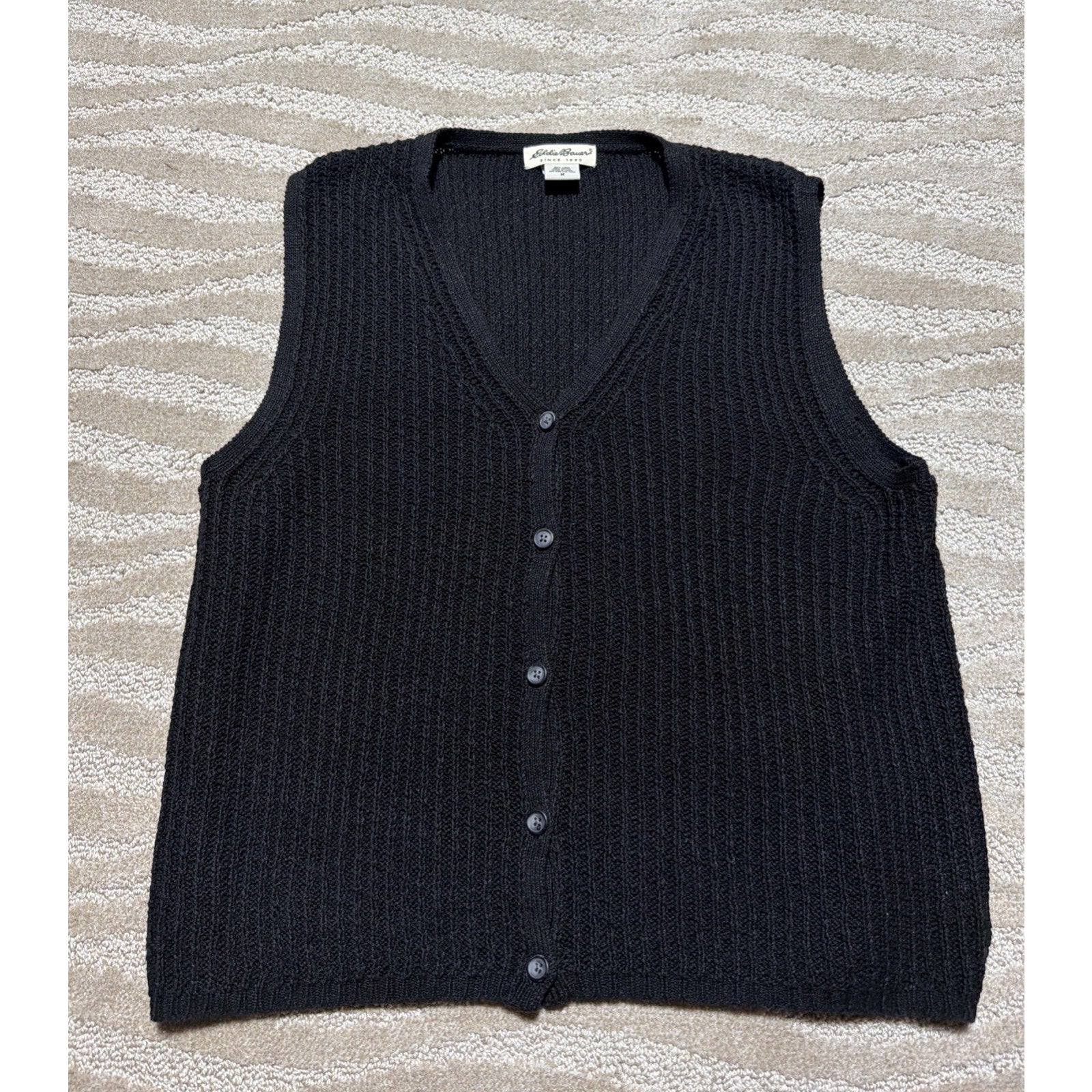 Vintage Eddie Bauer Sweater Women's Medium Black Linen Blend Knit Cardigan Vest