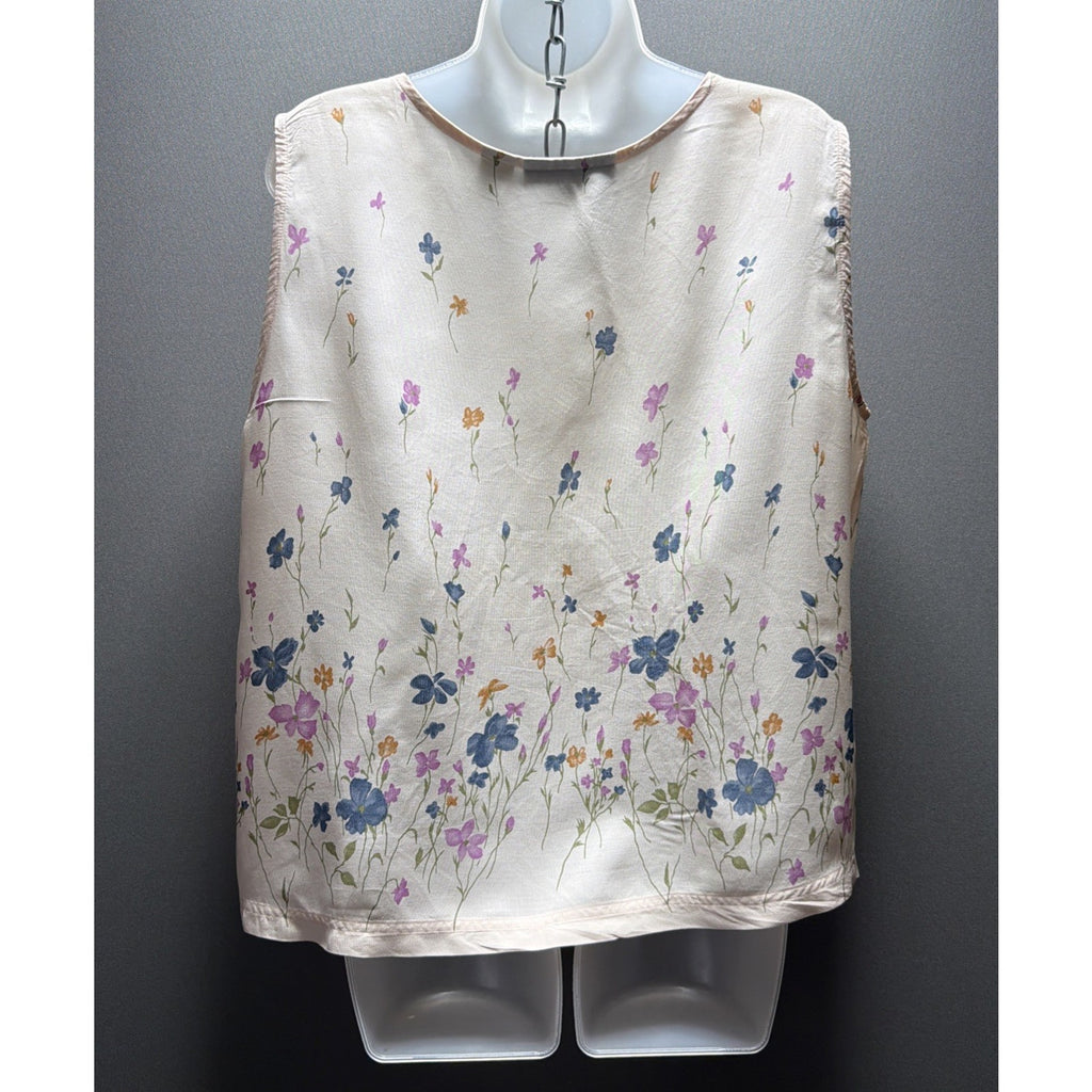 Analogy Cream Button Down Floral Sleeveless Round Neck Blouse Womens Large