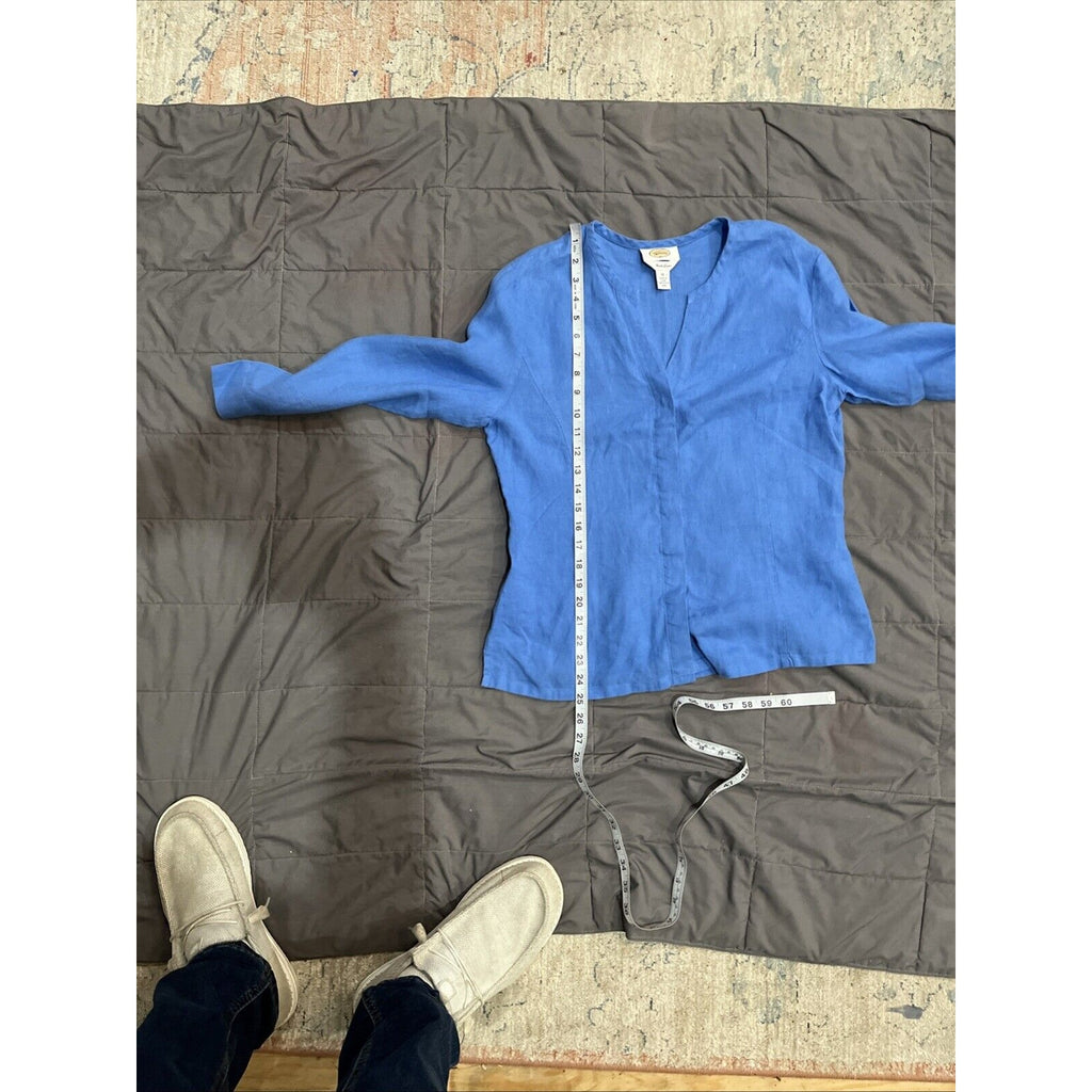 Talbots Sz 12 Irish Linen Blue Long Sleeve V Neck Button Down Blouse