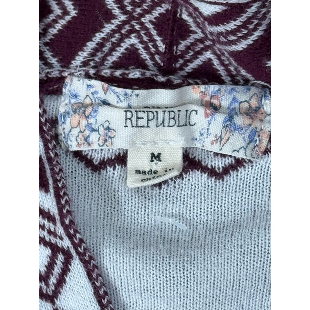 Pink Republic Long Sleeve Open Cardigan Sweater Burgundy Aztec Design Small