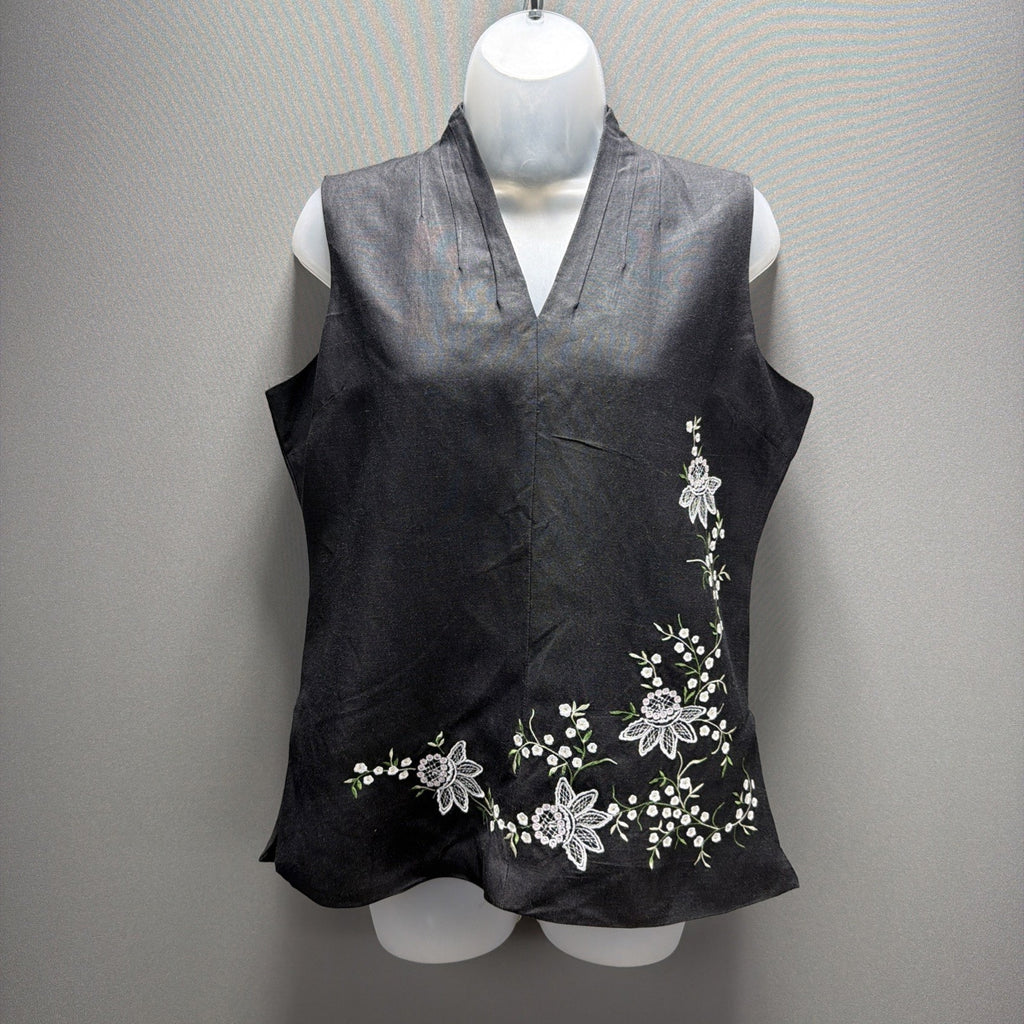 JENNIFER EDEN Women's Ramie Rayon Tank Top Embroidered Lined Floral Black Sz 10