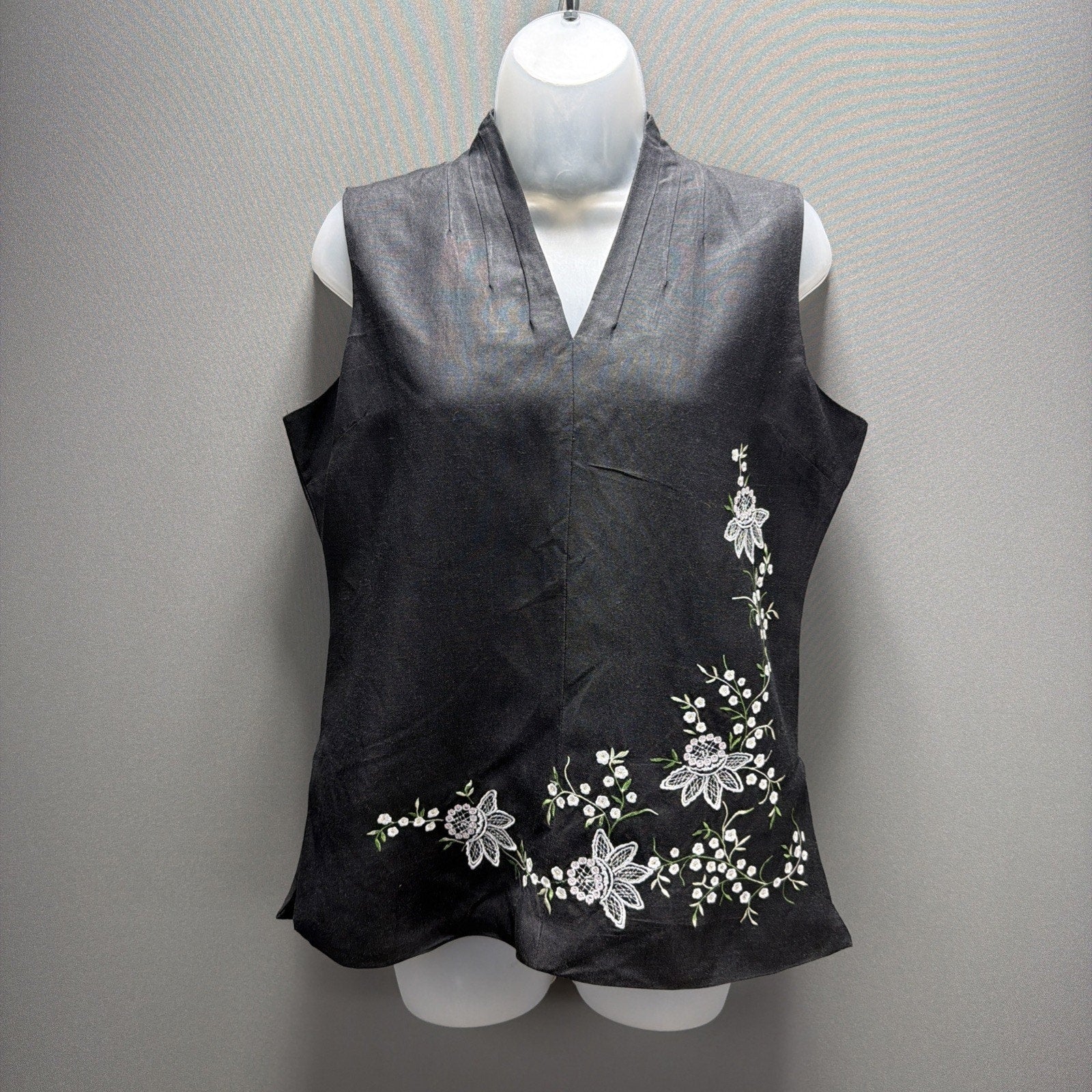 JENNIFER EDEN Women's Ramie Rayon Tank Top Embroidered Lined Floral Black Sz 10