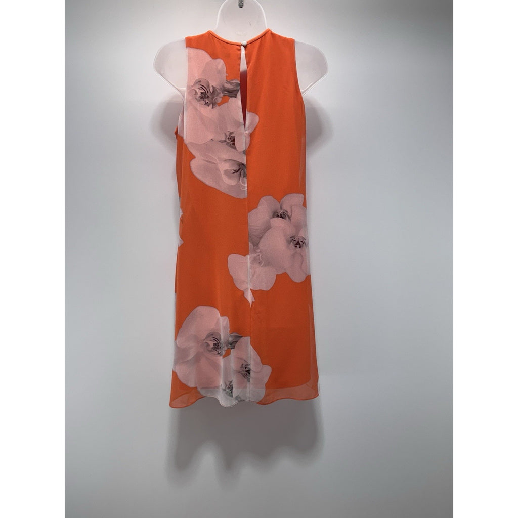 Calvin Klein Orange Coral White & Black Floral Dress Lined Flowy Women’s Size 2