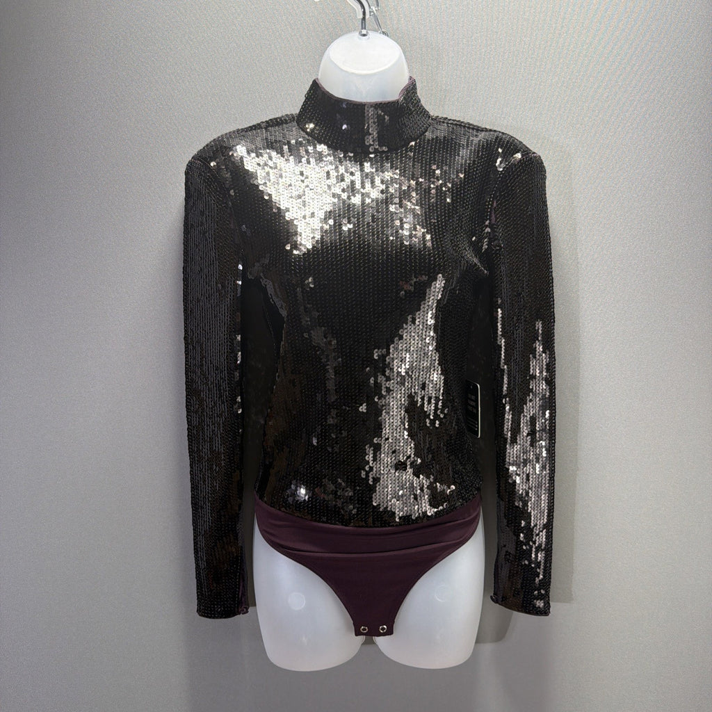 EXPRESS Women Sequin Padded Shoulder Thong Bodysuit Size XS Stretch NWT