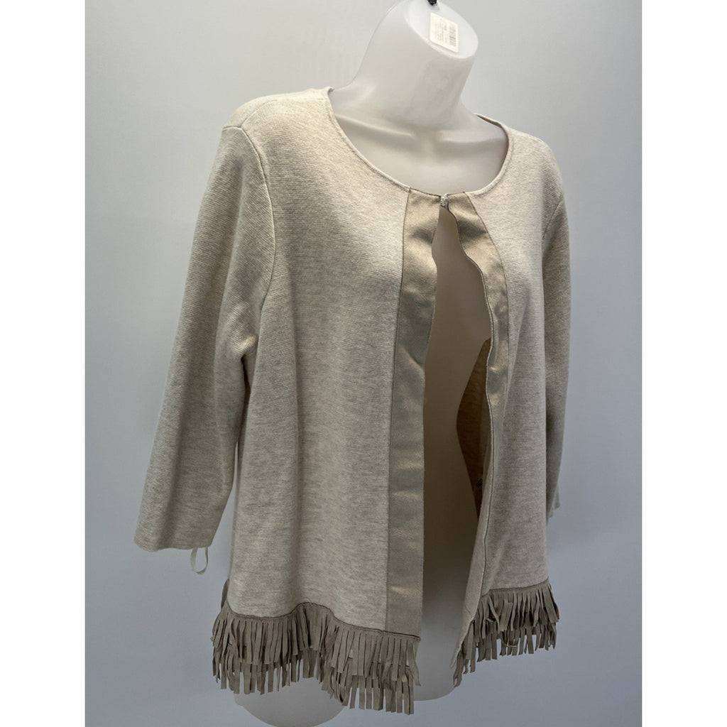 Chicos 3 Beige Open 3/4 Sleeve Open Knit Cardigan Fringe Suede Detail