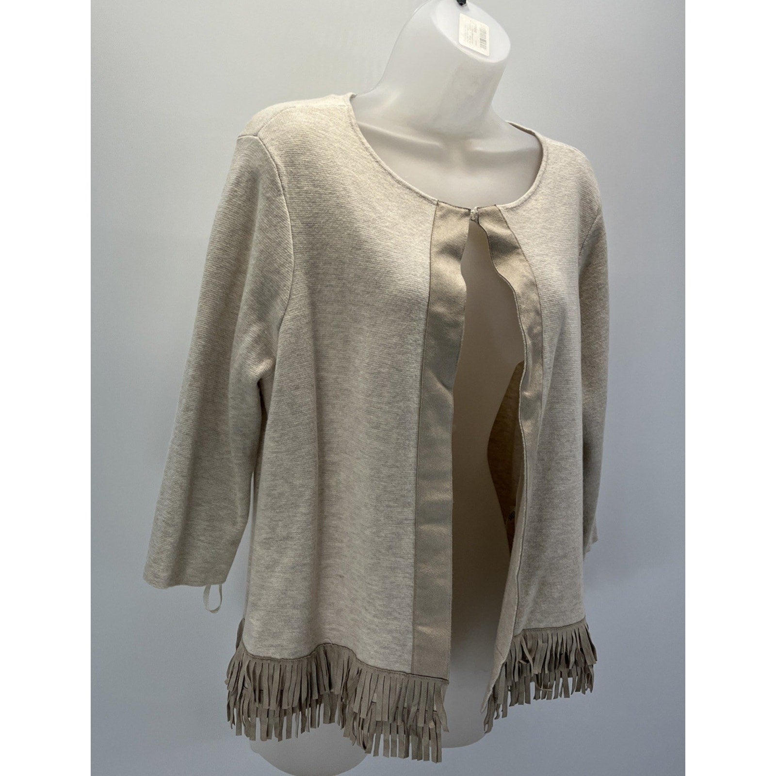 Chicos 3 Beige Open 3/4 Sleeve Open Knit Cardigan Fringe Suede Detail