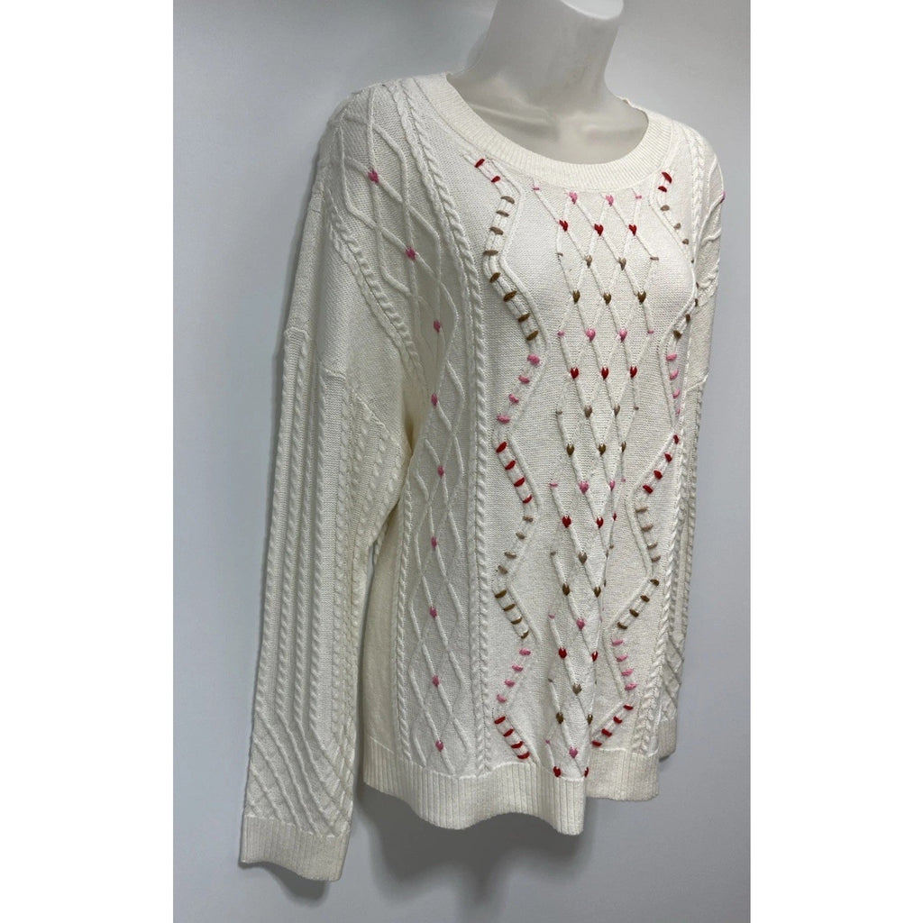 Talbots Ivory Whipstitch Hearts Cable Knit Sweater Size XL