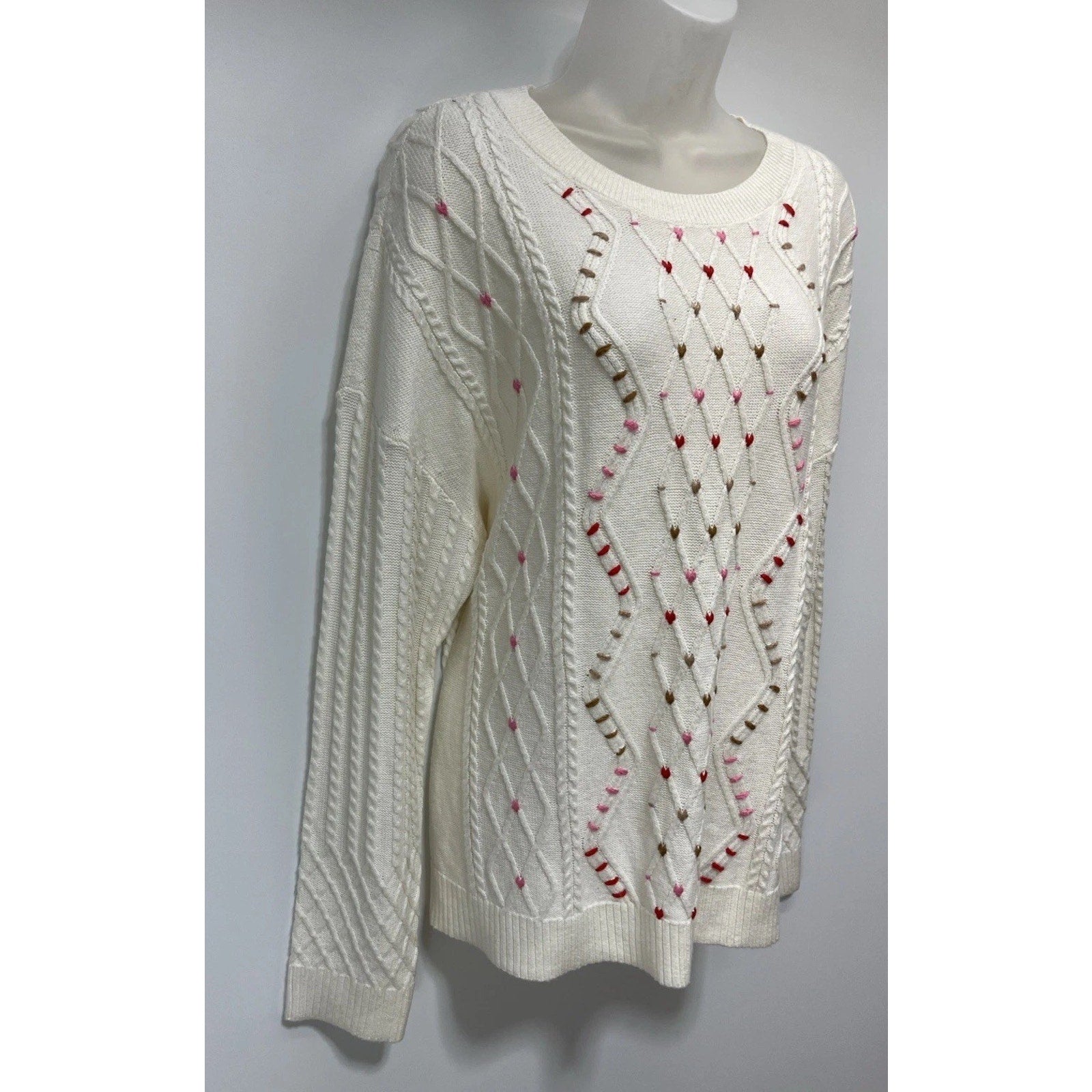 Talbots Ivory Whipstitch Hearts Cable Knit Sweater Size XL