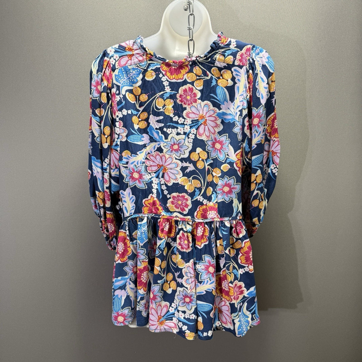 Umgee USA Women Floral Boho Babydoll Tunic Top Navy Tie Neck Long Sleeve