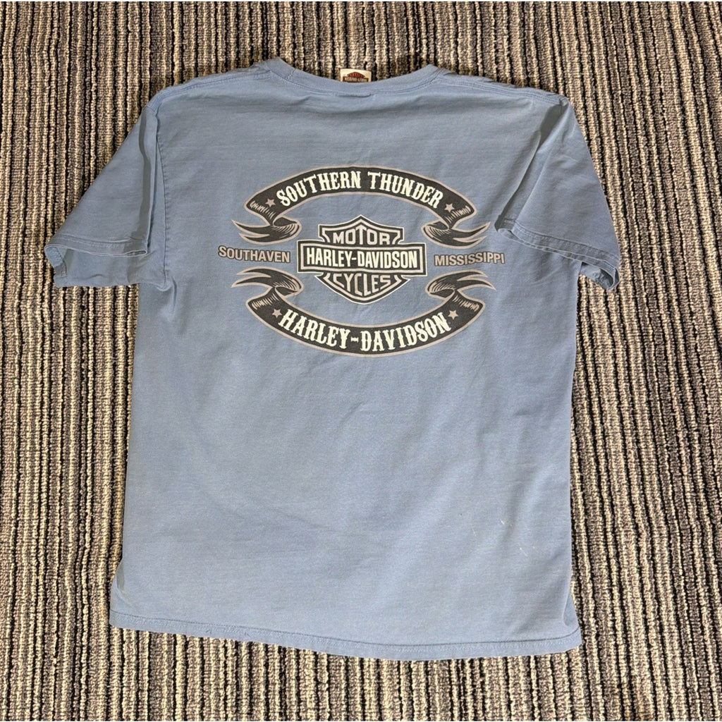 Mens Harley Davidson Blue T-Shirt Southern Thunder Southaven MS Faded Eagle L