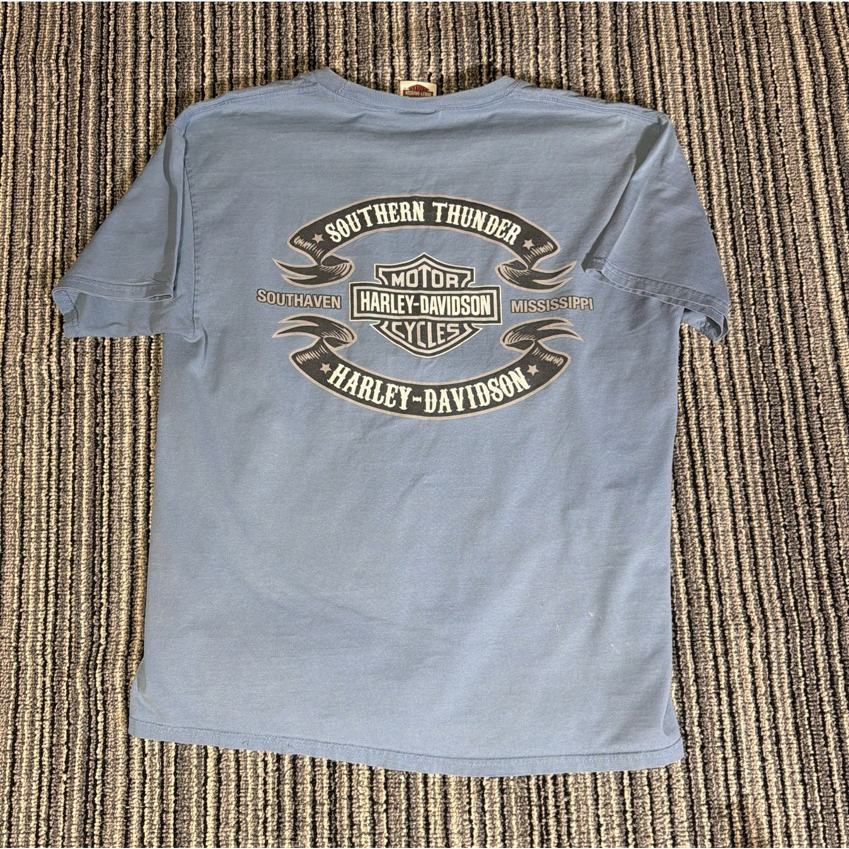 Mens Harley Davidson Blue T-Shirt Southern Thunder Southaven MS Faded Eagle L