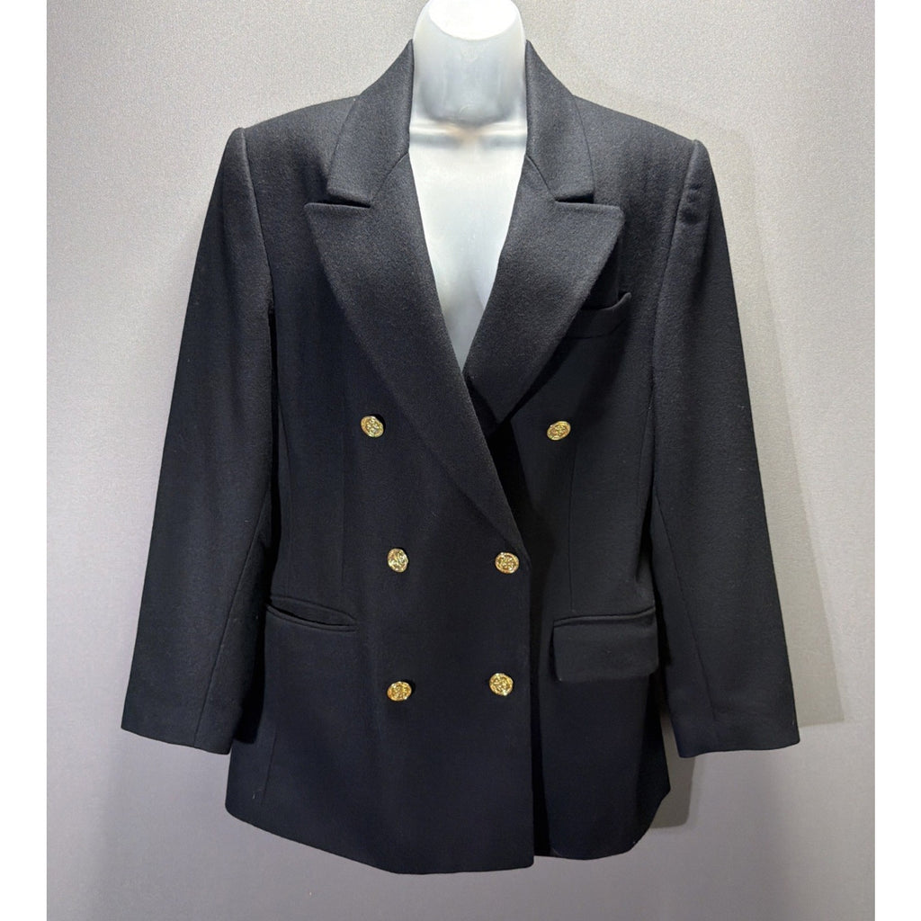 Larry Levine Black Double Breasted Blazer Wool Blend Jacket Sz 10 Vintage Crest