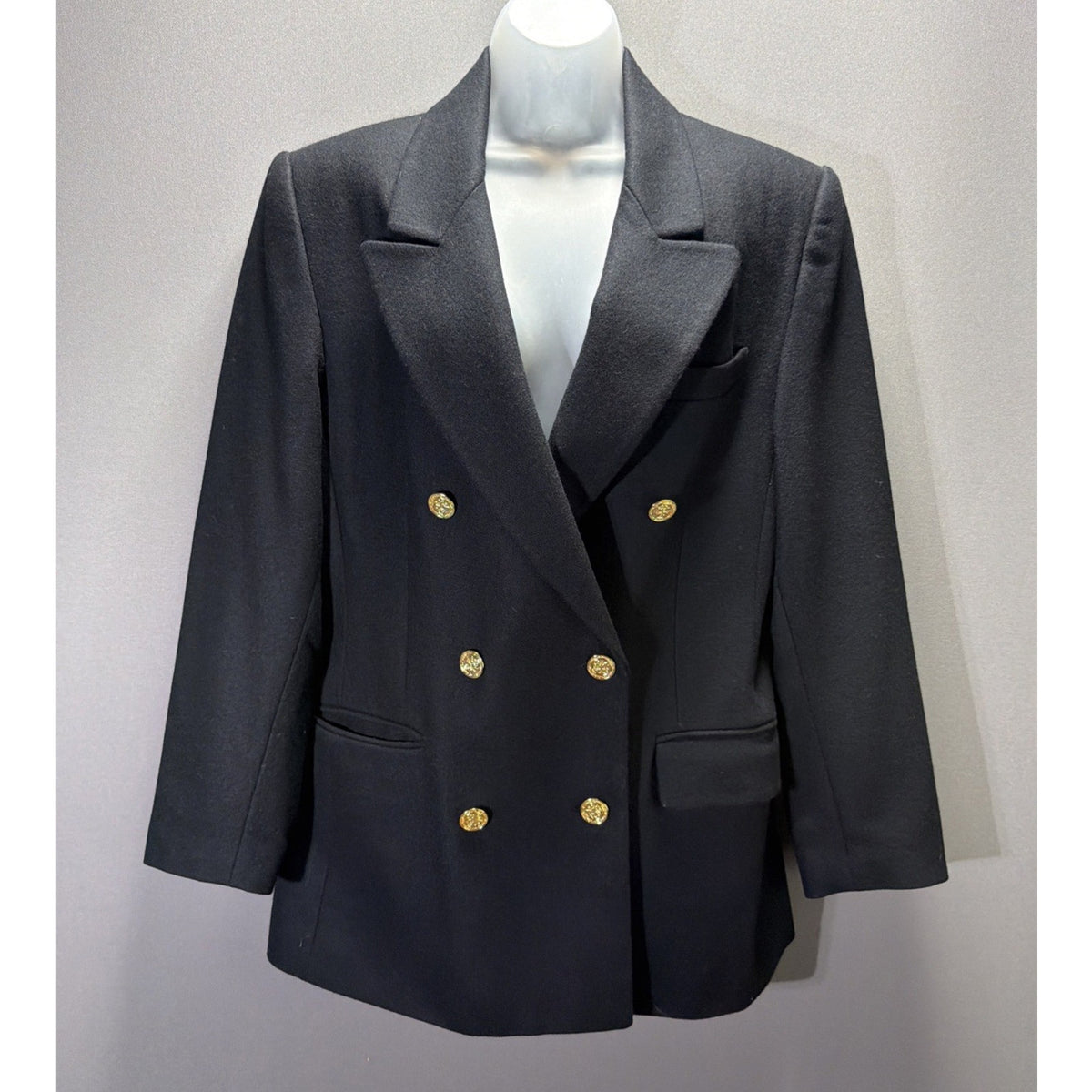 Larry Levine Black Double Breasted Blazer Wool Blend Jacket Sz 10 Vintage Crest