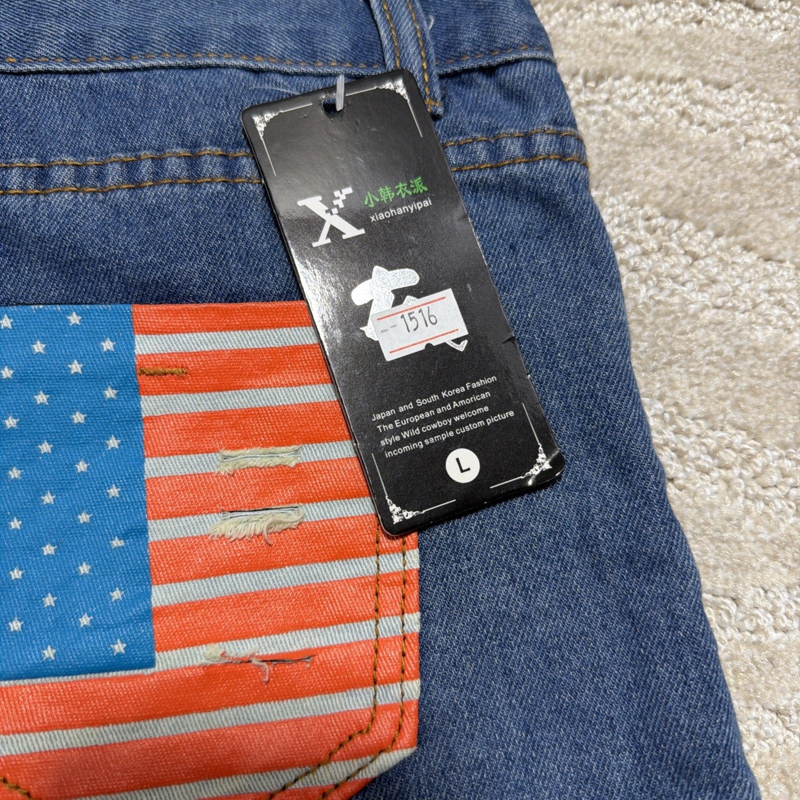 Womens Distressed Denim Short Women Sz L Blue Cut-Off American Flag Pockets NWT