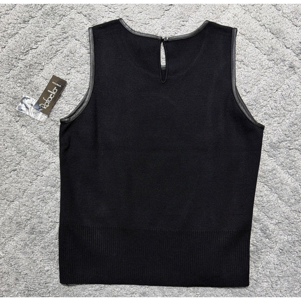 Rafaella XL Silk Sleeveless Black Knit Top Genuine Leather Trim NWT