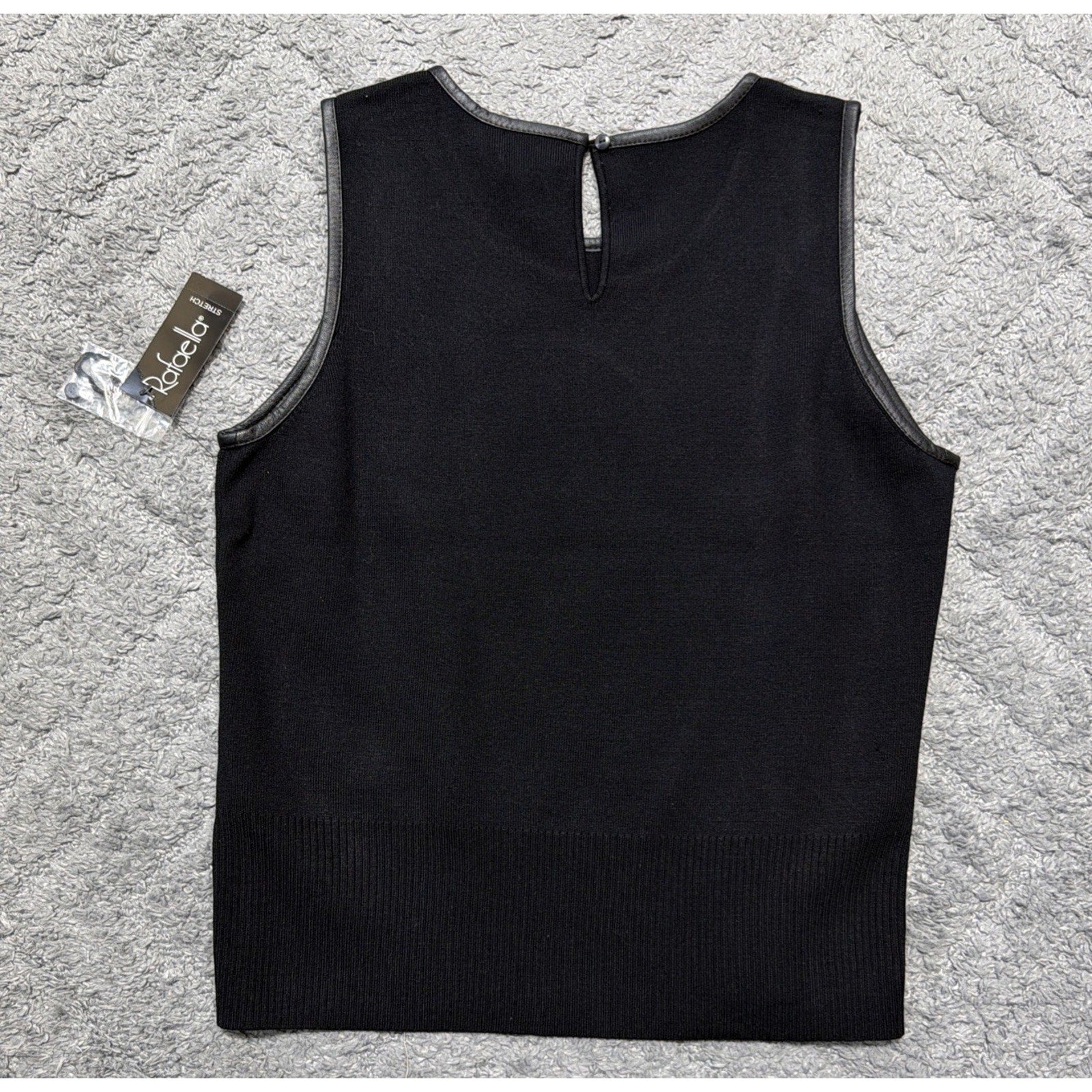 Rafaella XL Silk Sleeveless Black Knit Top Genuine Leather Trim NWT