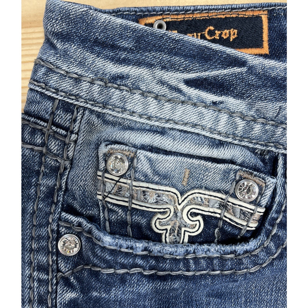 Rock Revival Jeans Women 31 Blue Sherry Easy Crop Embroidered Back Flap Jeweled