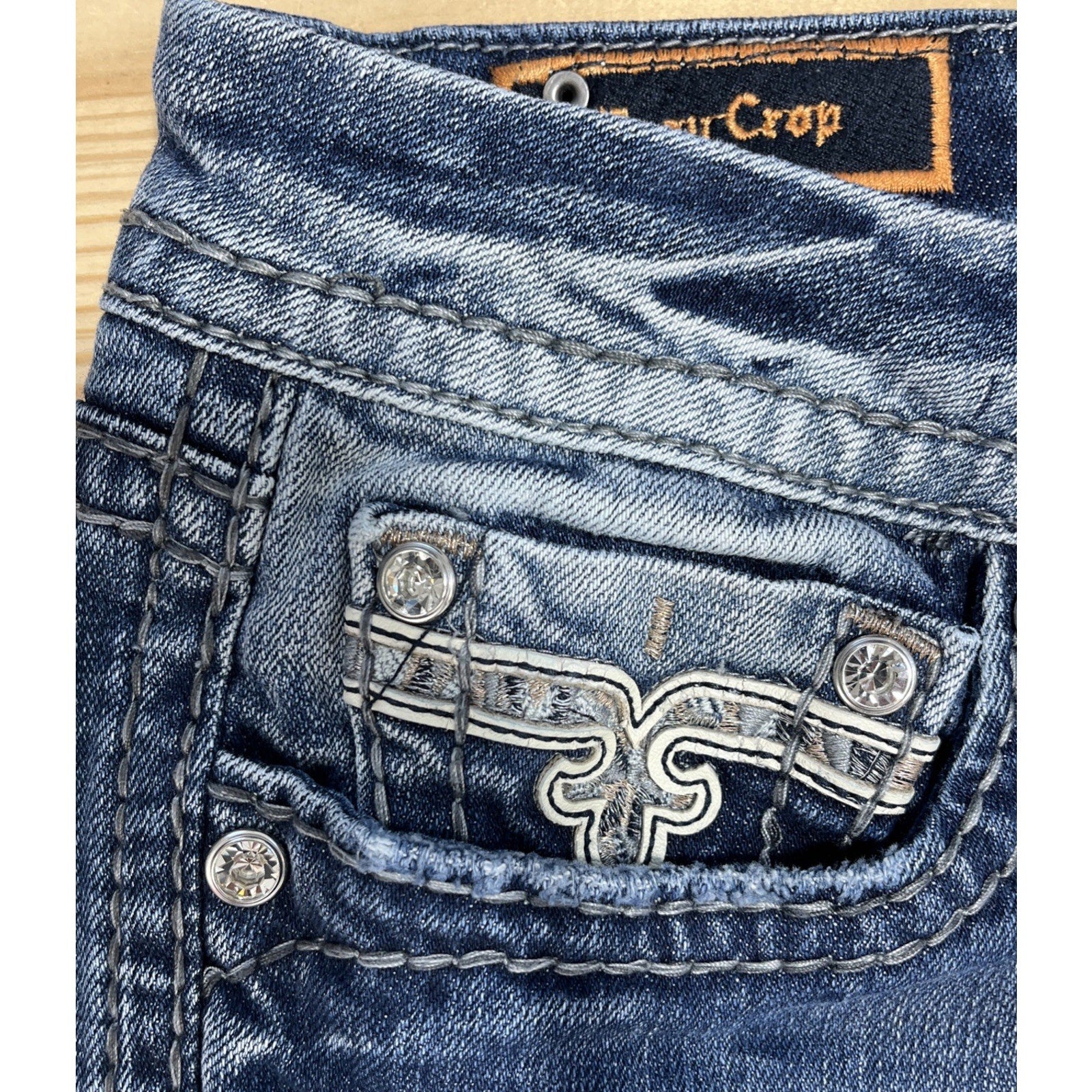 Rock Revival Jeans Women 31 Blue Sherry Easy Crop Embroidered Back Flap Jeweled