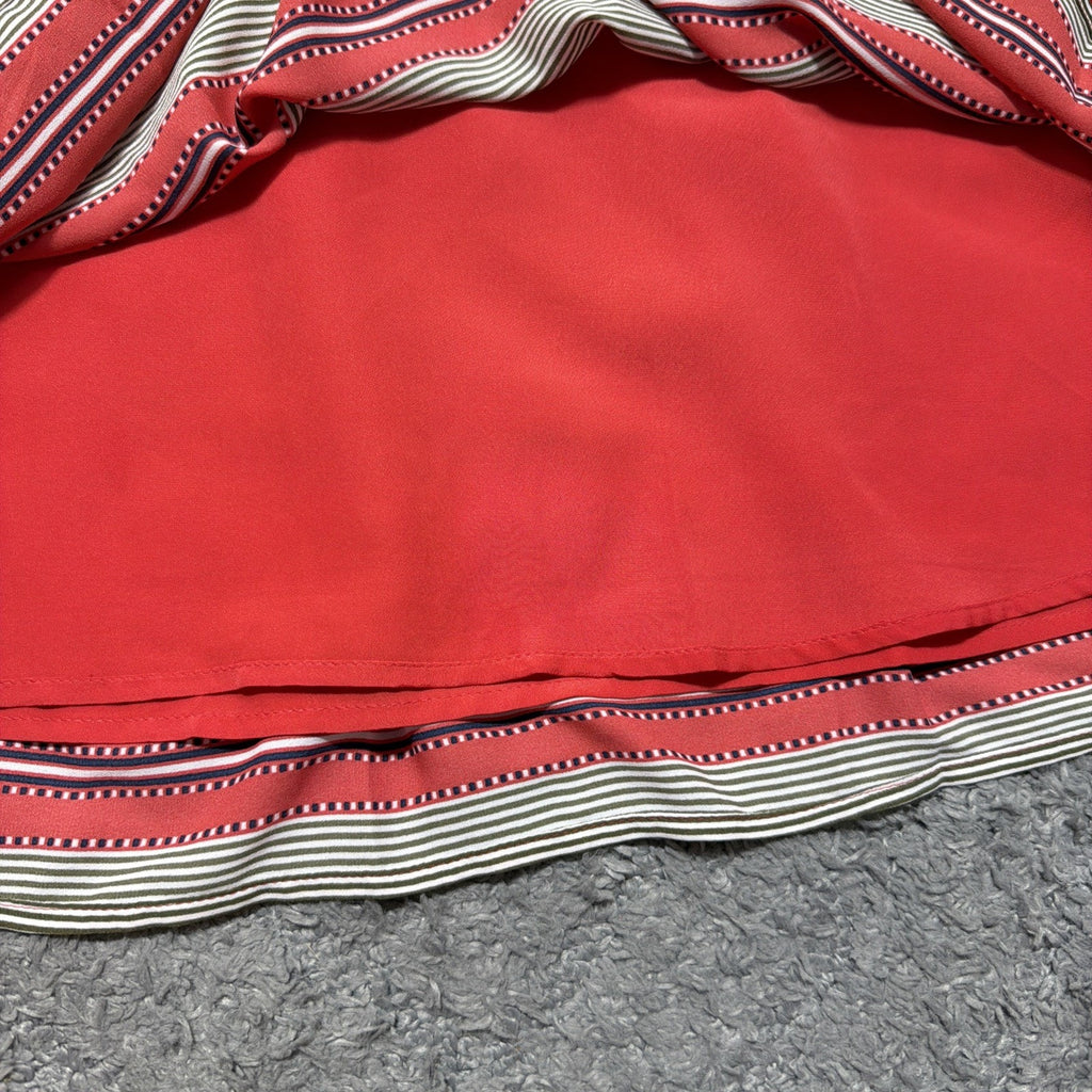 Ann Taylor Loft Red Striped Flounce Hem Shift Shirt Dress Sz XS Petite Tie Cuff
