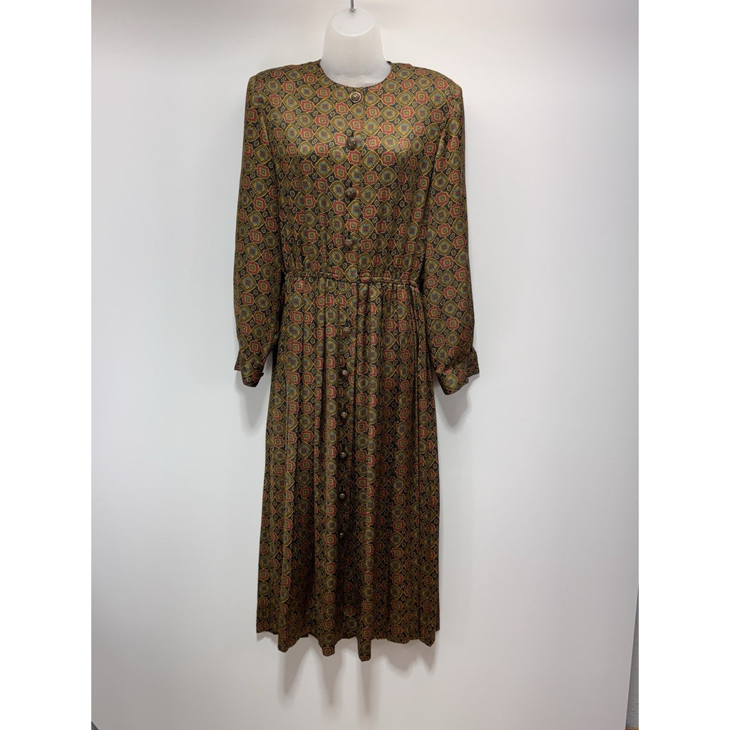 Vtg 90s Talbots Silky Satin Pleated Tailored Secretary Midi Day Dress Women’s 8