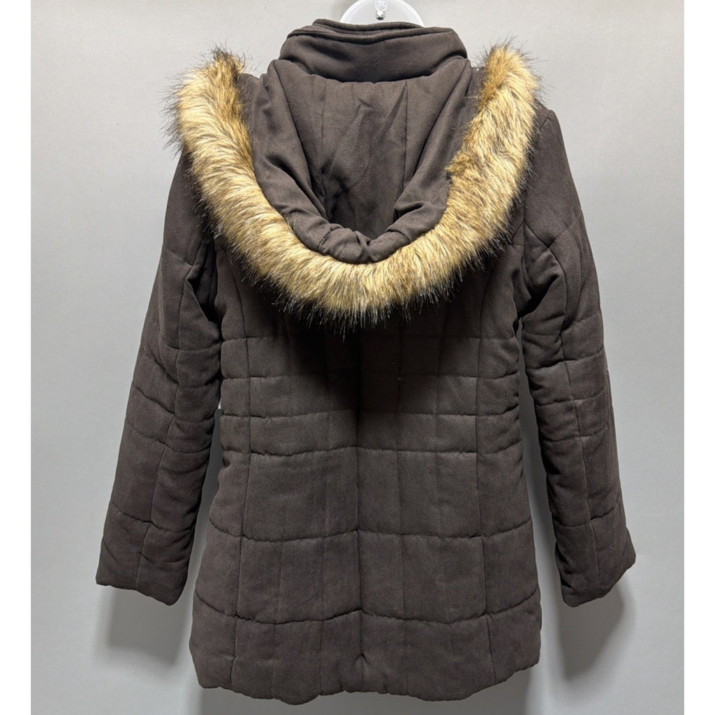 Women's L Liz Claiborne Puffer Jacket Coat Faux Fur Trim Hood Quilted Parka